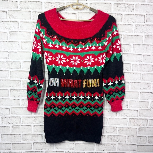 🎄NWT🤩 |•IT'S OUR TIME•| Swoop Neck Sequin 'Oh What Fun!' Soft Sweater Dress - Picture 1 of 9